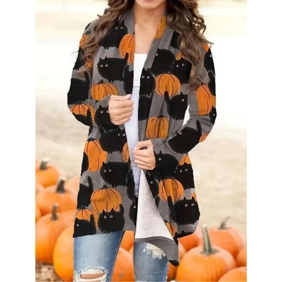 Sweater Halloween Pumpkin and Black Cat Pattern Lightweight Cardigan M and L - Picture 1 of 8